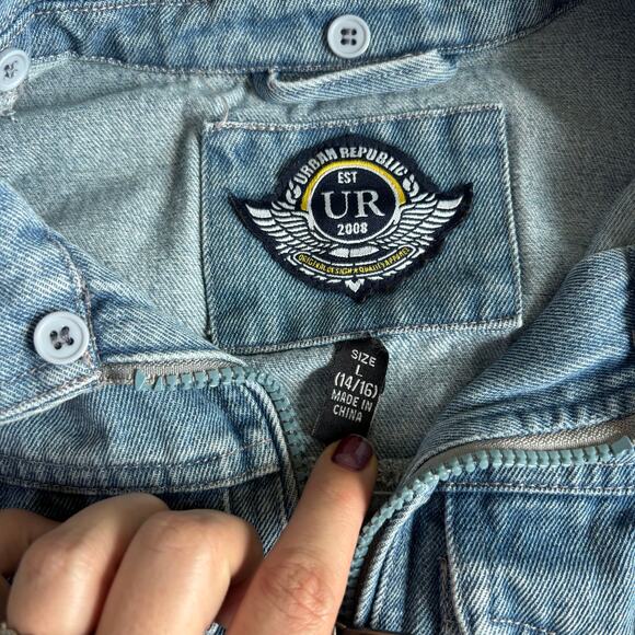 Urban Republic Kids Denim Jean Jacket with Hoodie Sleeves Size L - No Hood - Picture 7 of 9
